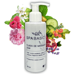 Frasco-de-Fluido-de-Massagem-Slim-Spa-Basics-com-ingredientes-naturais-como-cafe-alga-marinha-pimenta-negra-e-laranja-acompanhado-de-um-fundo-decorado-com-flores-e-frutas-150-ml.