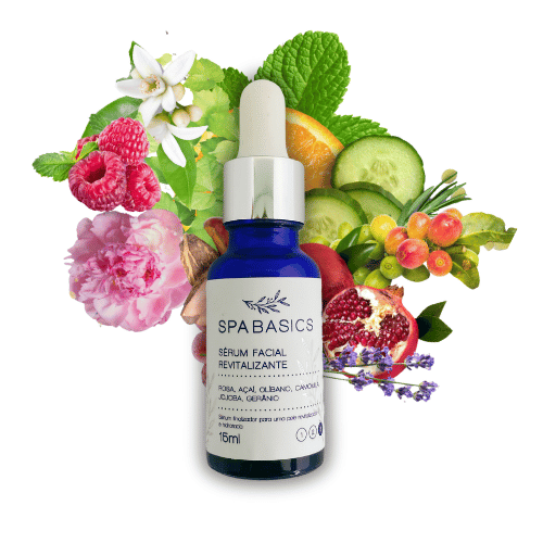 Frasco-de-Serum-Facial-Revitalizante-Spa-Basics-com-fundo-decorativo-de-ingredientes-naturais-como-rosa-acai-pepino-e-flores-destacando-seus-componentes-organicos.