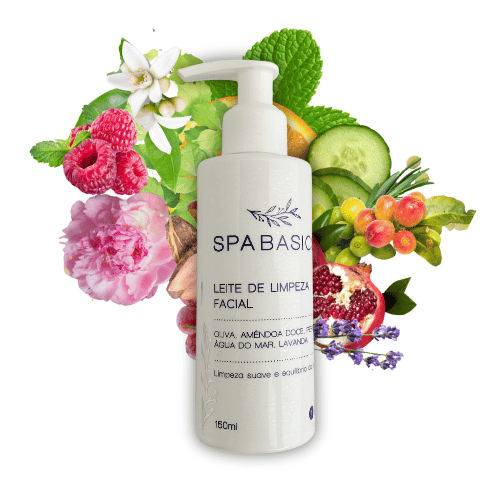Frasco-de-Serum-Facial-Revitalizante-SPA-Basics-rodeado-por-flores-e-frutas-representando-seus-ingredientes-naturais-como-rosa-acai-e-camomila