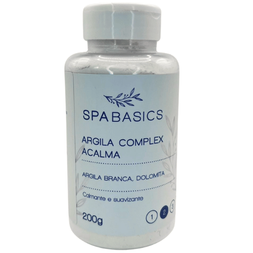 Frasco-de-Argila-Complex-Acalma-Spa-Basics-de-200g-com-ingredientes-de-argila-branca-e-dolomita-apresentado-em-fundo-branco