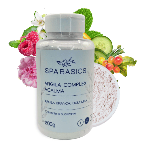 Frasco-de-Argila-Complex-Acalma-Spa-Basics-cercado-por-ingredientes-naturais-com-foco-nos-componentes-de-argila-branca-e-dolomita.